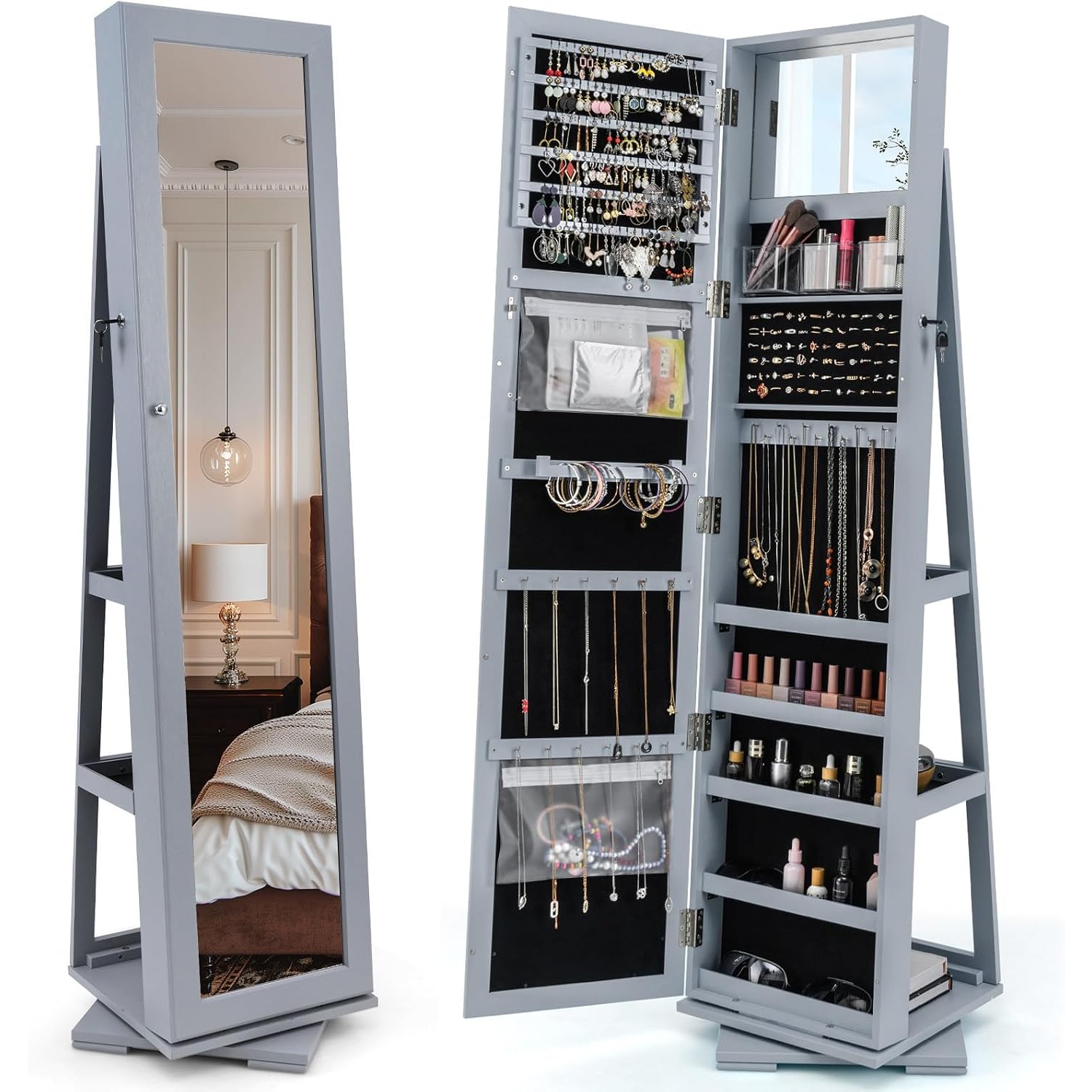 Full Length Mirror Jewelry Armoire - خزانة مجوهرات دوارة مع مرآة كاملة