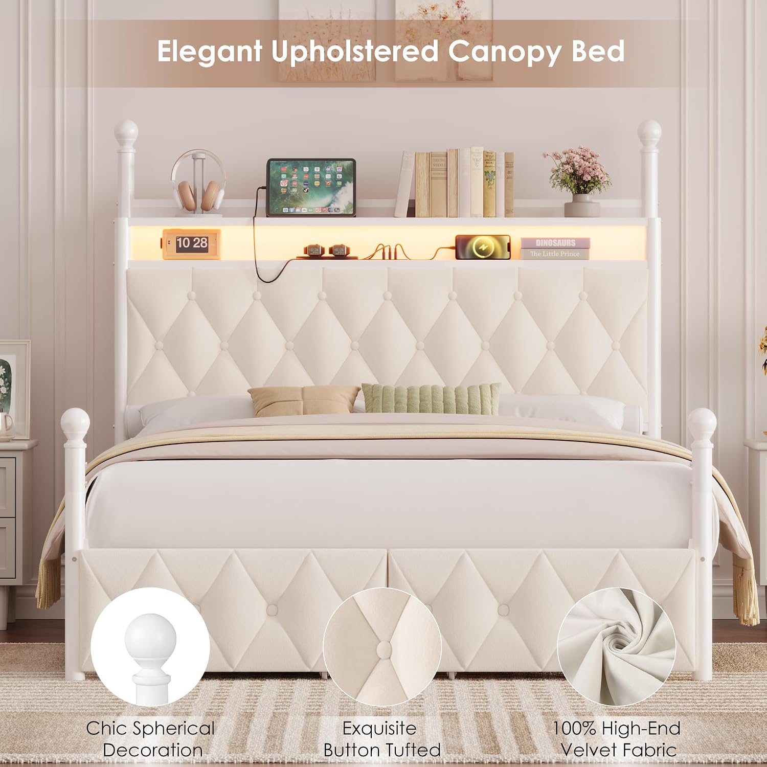 Canopy Bed Frame Metal Queen - إطار سرير بحجم كوين مع إضاءة