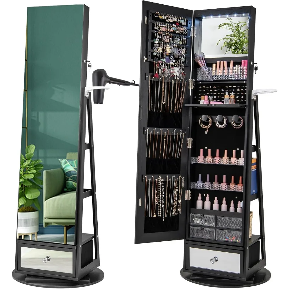 Full Length Mirror Jewelry Armoire - 360 ° خزانة مجوهرات دوارة بقدرة