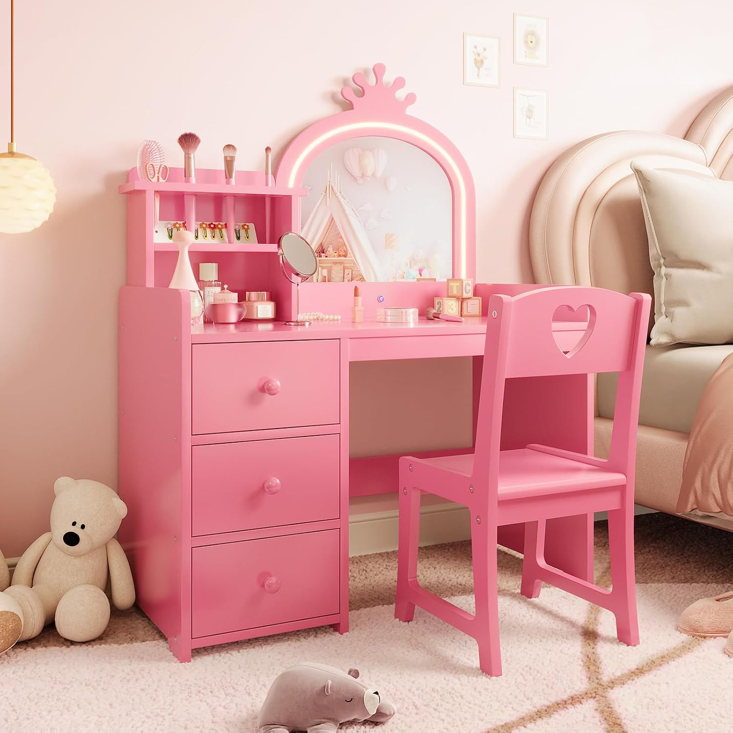 Dressing Table Vanity With Lighted Mirror - طاولة تزيين للأطفال مع مرآة مضاءة،