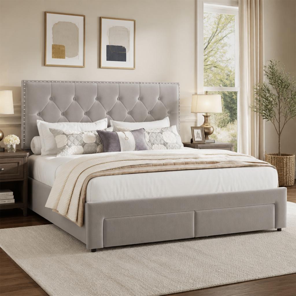 King Size Bed Frame With Storage Drawers - إطار سرير بحجم كينج مع درجين