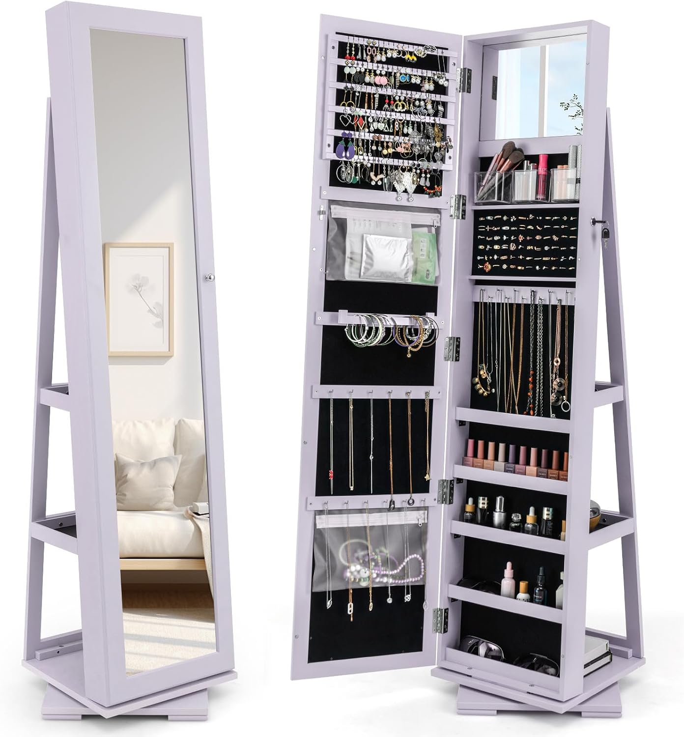 Full Length Mirror Jewelry Armoire - خزانة مجوهرات دوارة 360 درجة مع