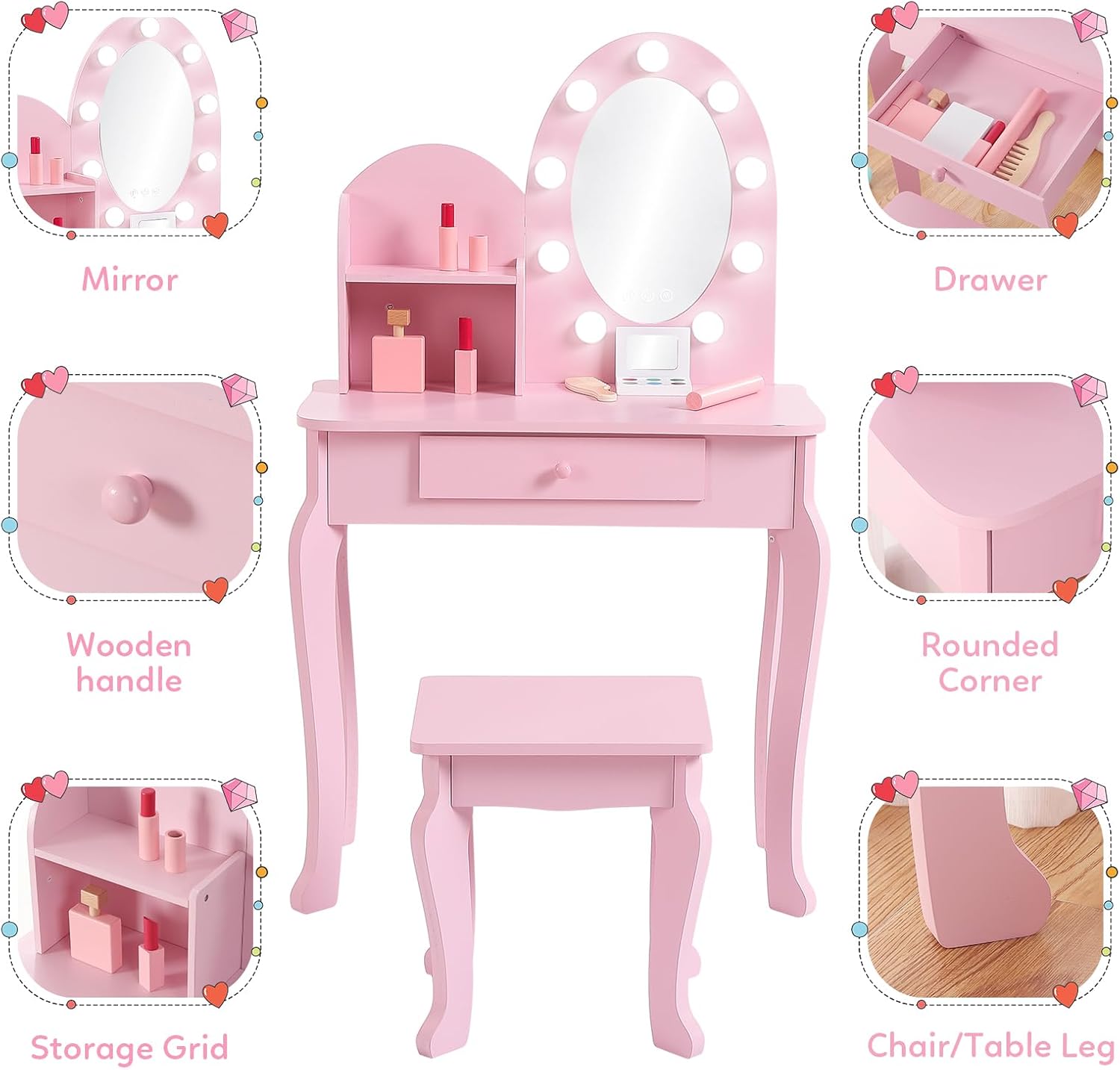 طقم مكياج للأطفال بتصميم أميرة - مراجعة Dressing Table Vanity With Lighted Mirror وسعره