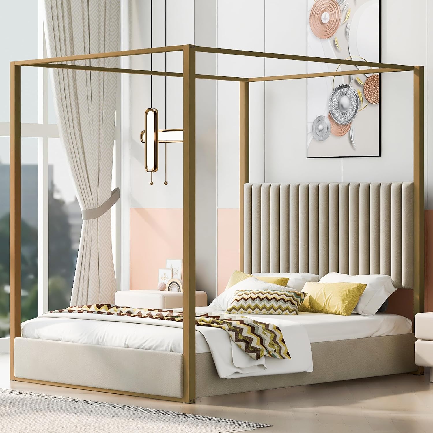 سرير عصري بتصميم 4-Poster مع م - مراجعة Canopy Bed Frame Metal Queen وسعره