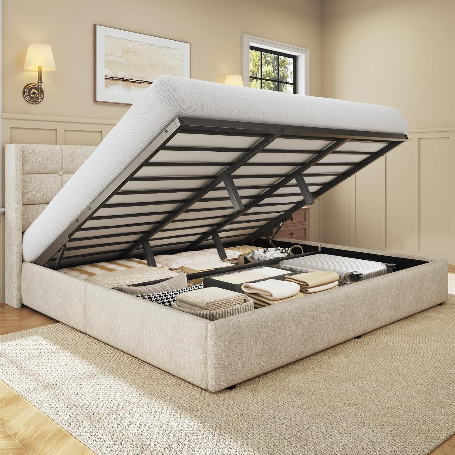 إطار سرير كينج سايز مع مساحة ت - مراجعة Gas Lift Storage Bed Hydraulic وسعره